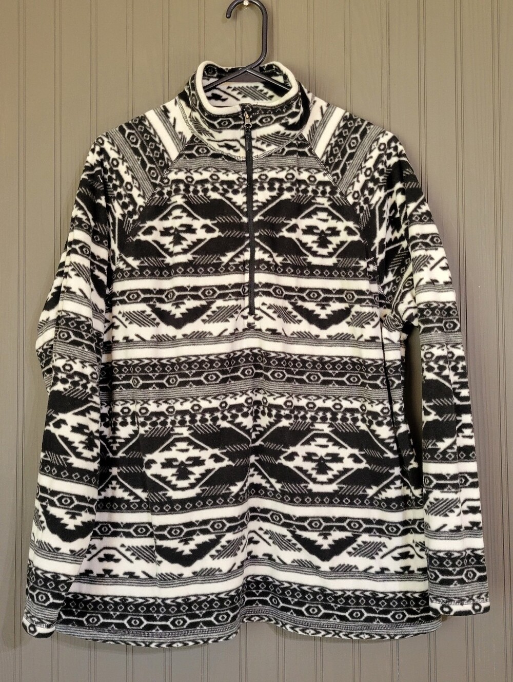 Eddie Bauer Fleece Quarter Zip Sweater Aztec Print Black White Women's XXL